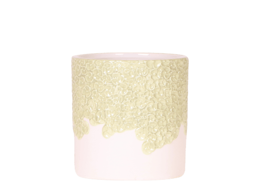 Ziertopf Bloom Green Ø9cm – Dekotopf in sanftem Grün mit Blütenrelief am Rand – kleiner Übertopf für Zimmerpflanzen, Ableger & Kräuter