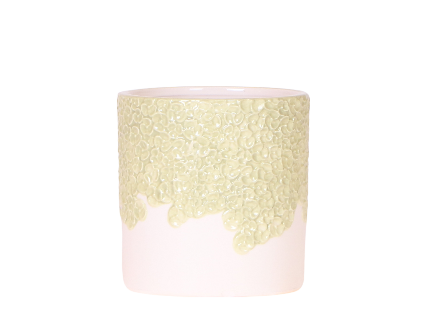 Ziertopf Bloom Green Ø9cm – Dekotopf in sanftem Grün mit Blütenrelief am Rand – kleiner Übertopf für Zimmerpflanzen, Ableger & Kräuter