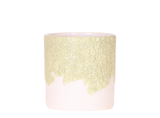 Ziertopf Bloom Green Ø9cm – Dekotopf in sanftem Grün mit Blütenrelief am Rand – kleiner Übertopf für Zimmerpflanzen, Ableger & Kräuter