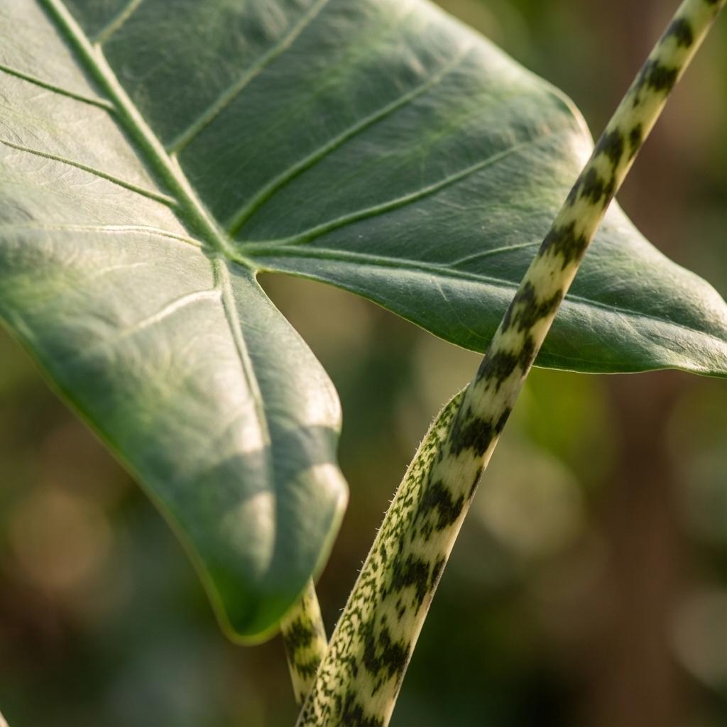 Alocasia Zebrina Elefantenohr Zimmerpflanze 70-75cm – 21cm inkl weißem Übertopf – Zebra – Stiele & große herzförmige Blätter